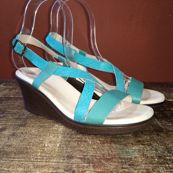 SAS Delight Cross Strap Wedge Sandal Womens 8W Turquoise Web Leather Comfort - Picture 1 of 9